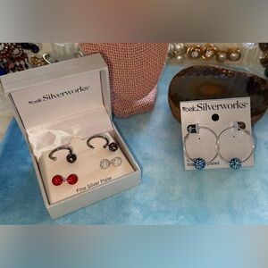 Silverworks Women's Silver and Red Earrings Set
